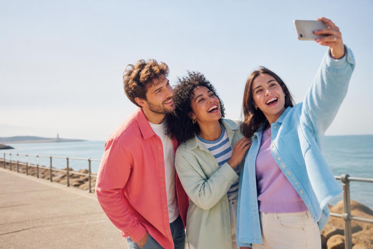 Three friends taking a photo together by the coast